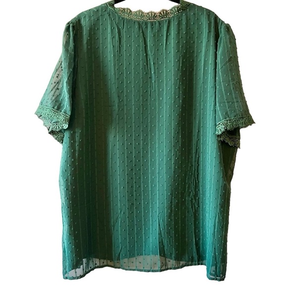 Green Lace Trim Textured Blouse | Size 3X | Elegant V-Neck Short Sleeve Top - Picture 4 of 12